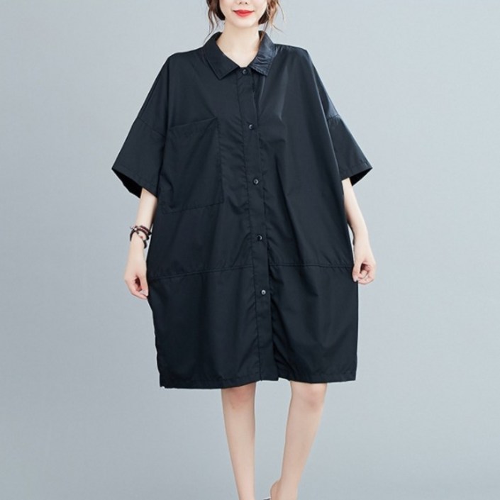 에블 대박걸 루즈핏 넉넉한 사이즈 반팔 셔츠 카라 캐주얼 원피스 2color