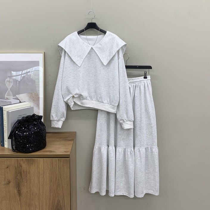 행복여 에뜨 세라 카라 맨투맨 프릴 밴딩 캉캉 스커트 세트