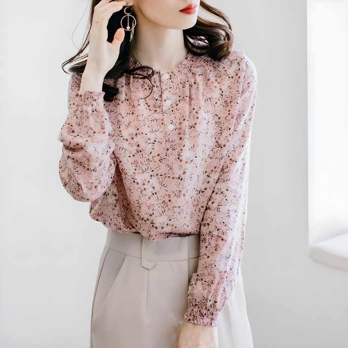 에버리씽 여성 라운드넥 잔꽃무늬 긴소매 블라우스 B818