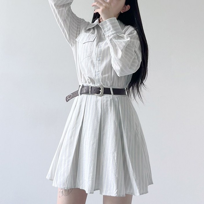 핑크버터 002219 벨트SET밀로 스트라이프 셔츠원피스 긴팔 핀턱 주름 플리츠 단가라 벨트 긴소매