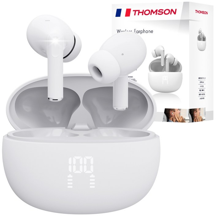 프랑스 톰슨 ENC 노이즈 캔슬링 LED 블루투스 6.0 이어폰 무선 방수, 화이트 TBE201W