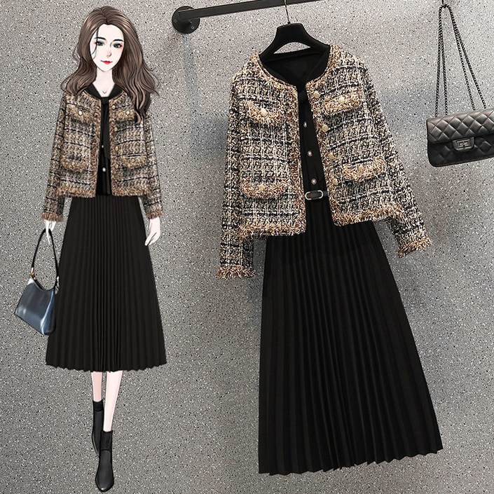 트위드세트 여성 라운드 자켓 숏 아우터 플리츠 원피스 투피스 세트 빅사이즈