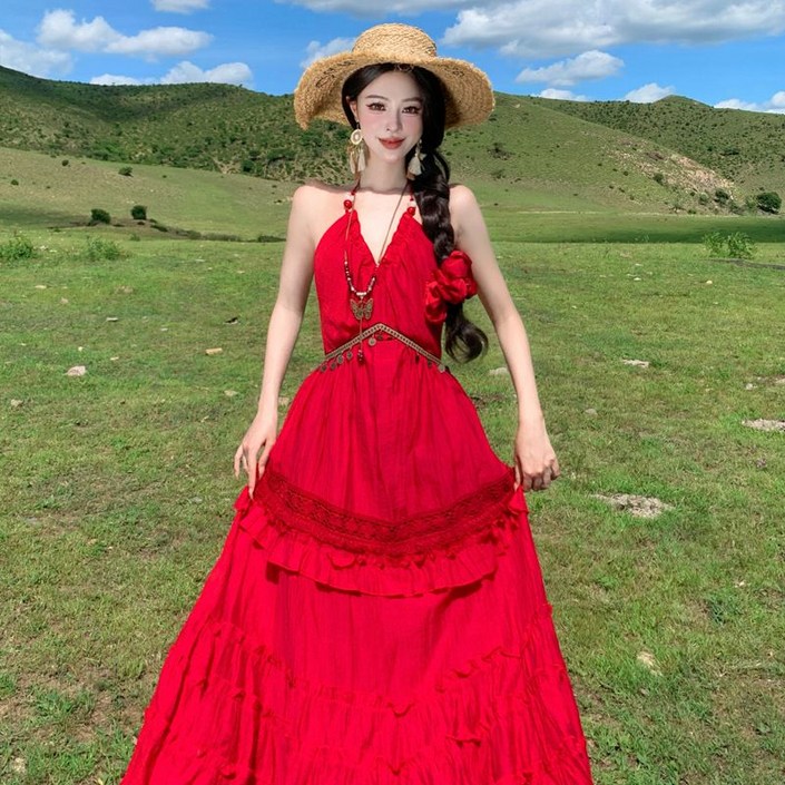 여성 레드 롱 브이넥 홀터넥 나시 원피스 프렌치 스커트 몰디브 바캉스 A30Z1M 잇템1