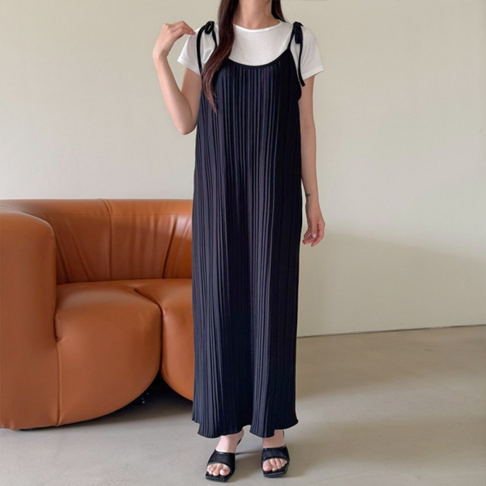 마이쏭 여성 빅사이즈 루즈핏 나시원피스 뷔스티에원피스 허브플리츠어깨끈롱원피스