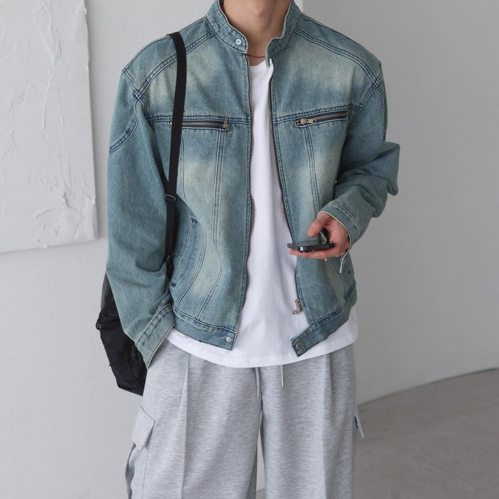 도밍고 브러쉬 워싱 데님 크롭 바이커 자켓2color