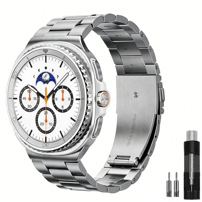 OULUOQI 애플워치 갤럭시워치 호환 메탈 밴드 스트랩 3연 스테인리스 쥬빌레 교체 스트랩  탄성 메탈 밴드, 1개, 실버