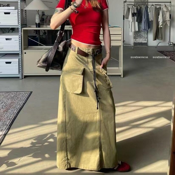 봄 가을 여성 카고 스커트 캐주얼 하이웨이스트 치마 루즈핏 빈티지 뒷트임 카고 스커트 SYM