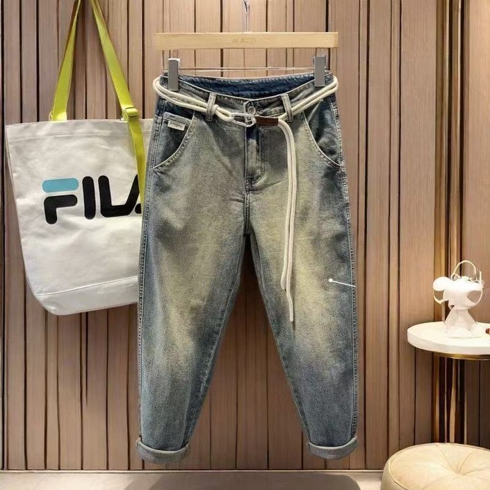 십전십미 봄 여름 와이드 일자 청바지 캐주얼 워싱 빈티지 스트링 배기 9부 바지