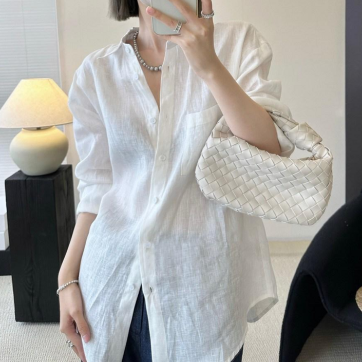 영메이 YM23365 여성 넥카라 린넨 셔츠 블라우스 여름 바캉스 휴가지 빅사이즈 9부 여름남방