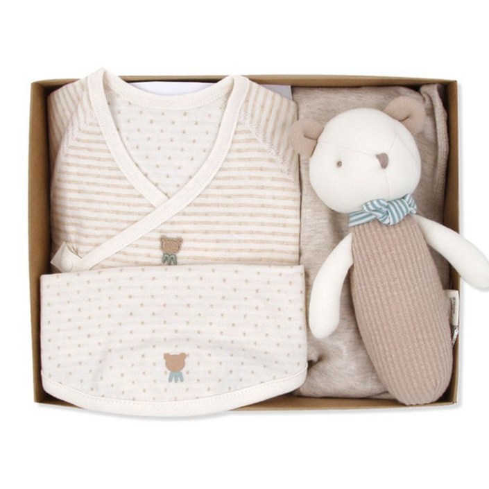 오가닉맘   임신 출산선물  22FW브로니 배내저고리+턱받이스카프+딸랑이 출산3종세트