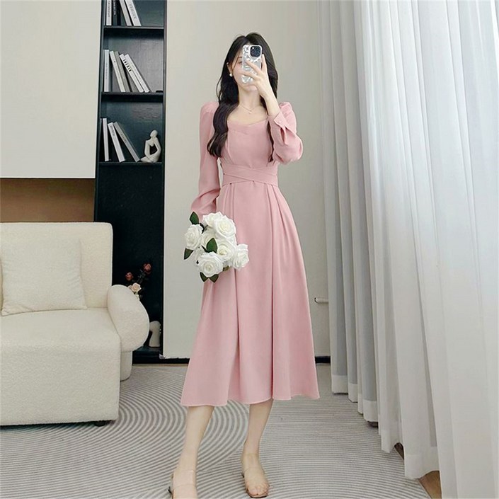 besteffie 여성용 봄 가을 고급스러운 상견례 여신핏 V넥 롱소매 주름이 있는 레이디 스타일의 롱 원피스 K18