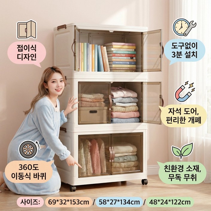 SHEU 대용량 수납장 수납 정리함 서랍장 다용도 접이식 가정용 이동식 플라스틱 리빙박스, 투명 브라운