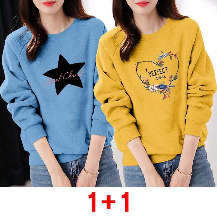 1+1 여성 긴팔 맨투맨 봄가을 루즈핏 라운드넥 티셔츠 겨울 캐주얼 코디 맨투맨 상의 LJX