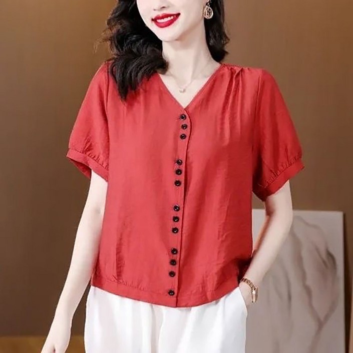 VVRR 여성 브이넥 숏슬리브 버튼 장식 심플한 면마 반팔 티셔츠 G0042821