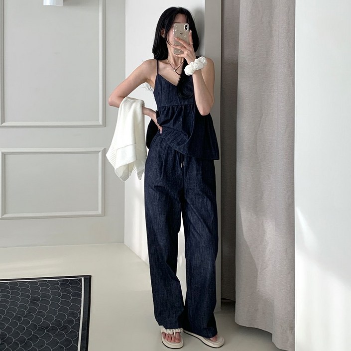 세트가격 어던무드 청 셋업 생지 데님 뷔스티에 나시  와이드 팬츠 청바지 바캉스룩