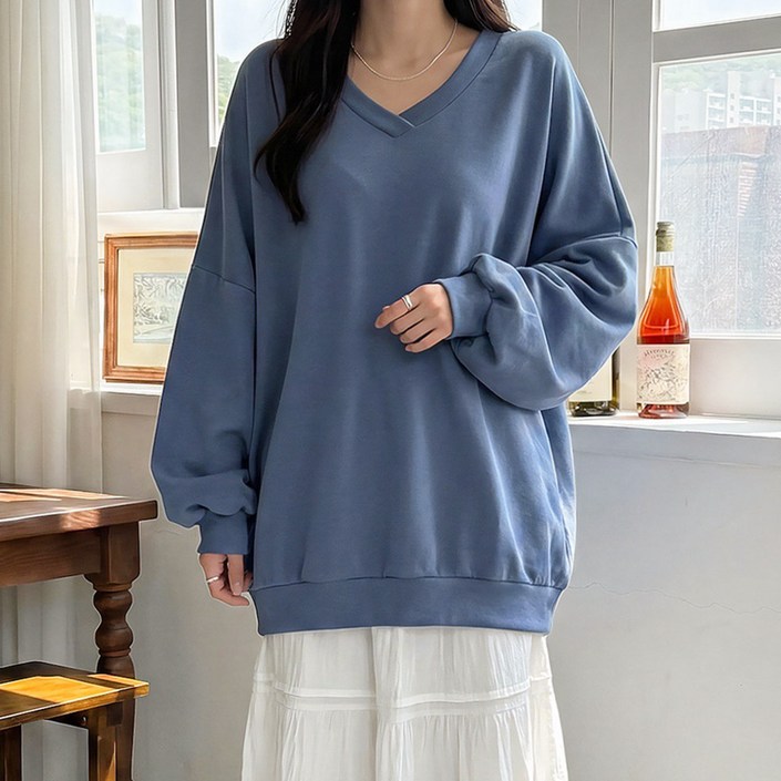 데일리앤 로헨 여성 브이넥 빅사이즈 오버핏 맨투맨 무지 박스 롱 티셔츠