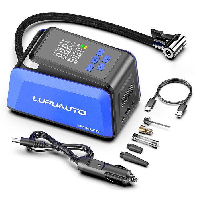 로푸 DC05 타이어 공기압 주입기 바람 체크 휴대용 에어펌프 8000mAh 대용량배터리 유 무선 겸용, 블루, 1개