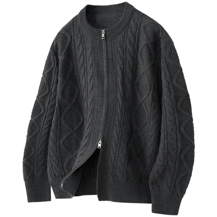 팀스핏 남성용 빅사이즈 오버핏 아란 케이블 라운드 집업 니트 가디건