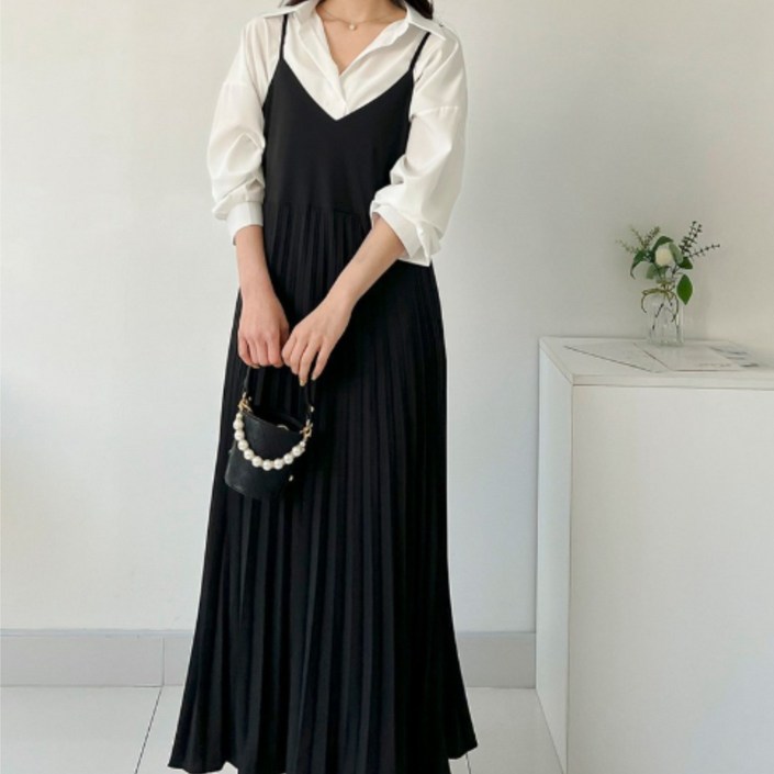 퍼니걸스 9949 뷔스티에 주름 플리츠 레이어드 롱 원피스 여성의류