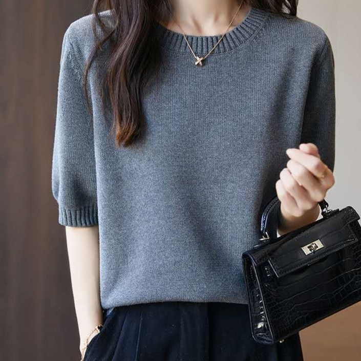 LUMIBEAN 여성 라운드넥 루즈핏 도톰한 두겹 순면 반팔 니트