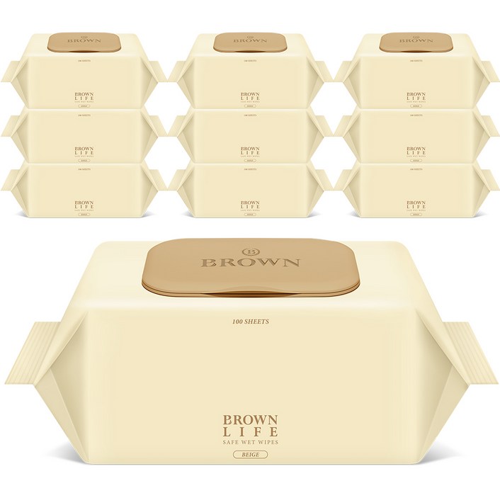 브라운 라이프 베이지 엠보싱 대용량 아기물티슈 캡형 50평량, 50g, 100개입, 10개
