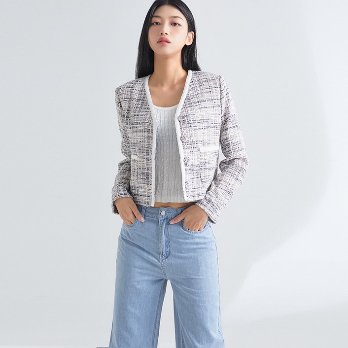 미쏘 여성용 V넥 배색장식 트위드 숏 자켓