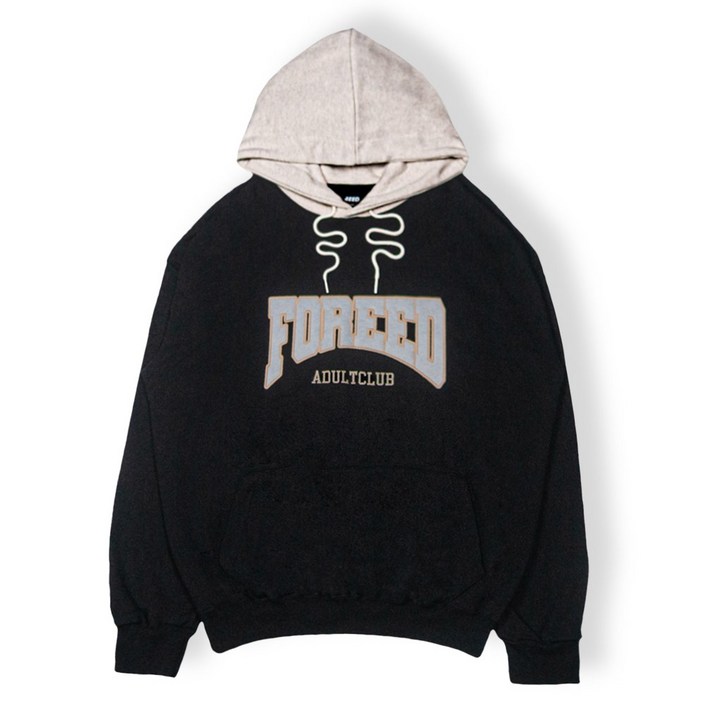 포에드 오버핏 어덜트 클럽 배색 후드  블랙 스웻셔츠 후드티