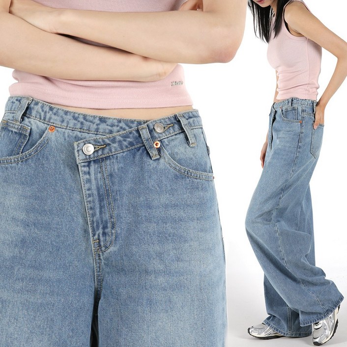 오버나인 여자 여성 숏롱 기장 키작녀 키큰녀 언발 버튼 와이드 청바지 데님 팬츠