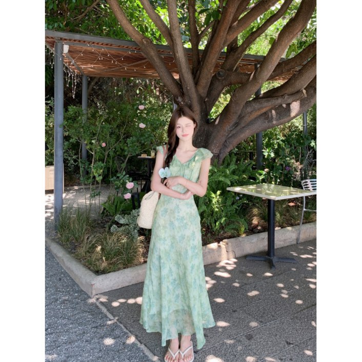 스타일닥터 여자 롱 원피스 여성 여름 캐주얼 그린 플라워 쉬폰 잔꽃 원피스 리조트룩 캐주얼