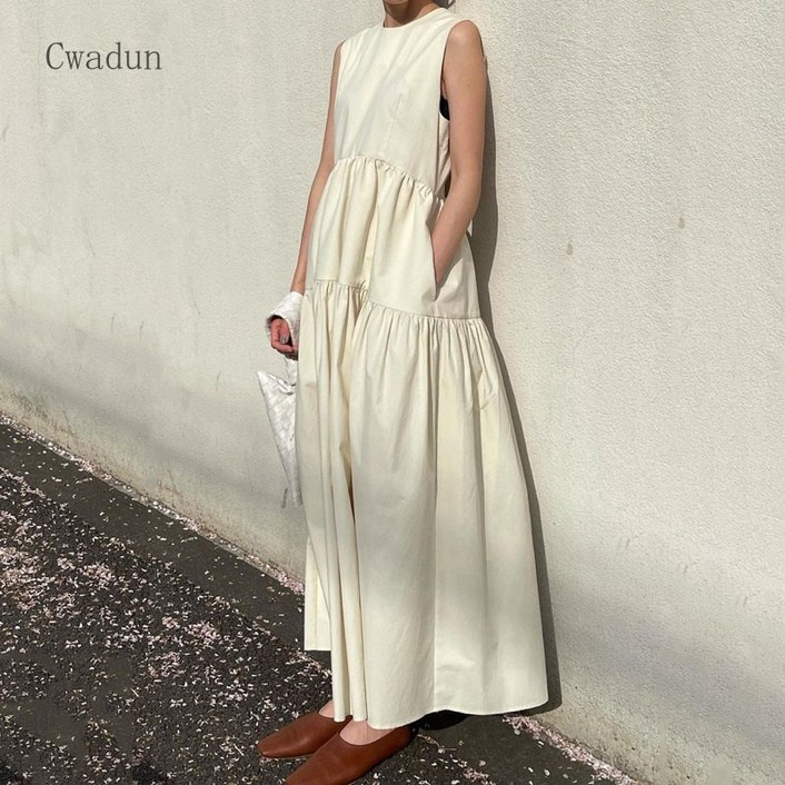 Cwadun 여름 무소매 A라인 라운드넥 실루엣 원피스 ML443