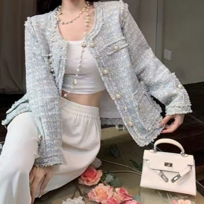 쁘띠엘라 프리미엄 긴팔 트위드 자켓 하객룩 부클 수술장식 노카라