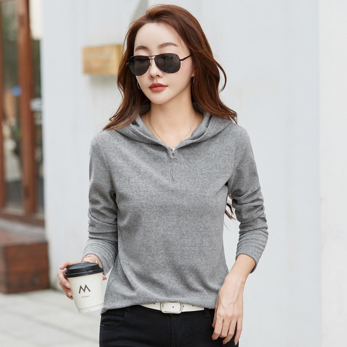 가을 신상 프리오더 여성 후드 슬림핏 긴팔 티셔츠 여자 반집업 얇은후드티 고품질면티 데일리 상의 간절기 중년여성 가을티