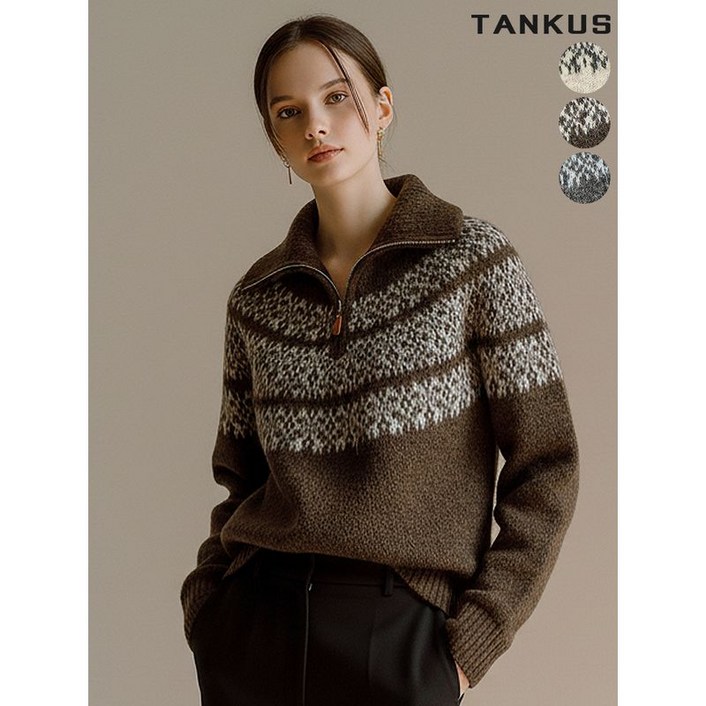 탱커스 여성 울 혼방 페어아일 반집업 니트