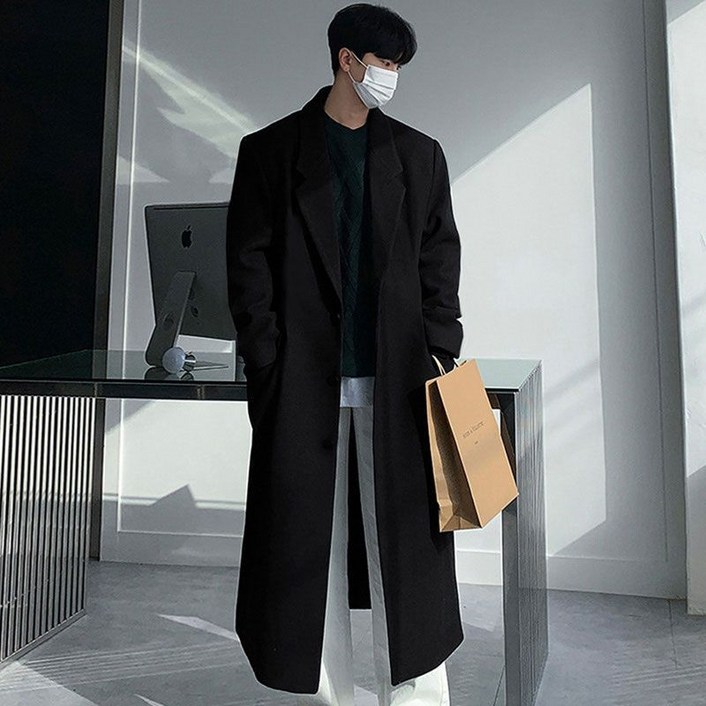 BIKASU 남자 고급 케쥬얼 롱 코트 빅사이즈 정장넥 울코트
