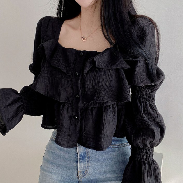 SAHINER 봄여름 여성 로맨틱 스퀘어넥 프릴 긴팔 블라우스 LWACS61