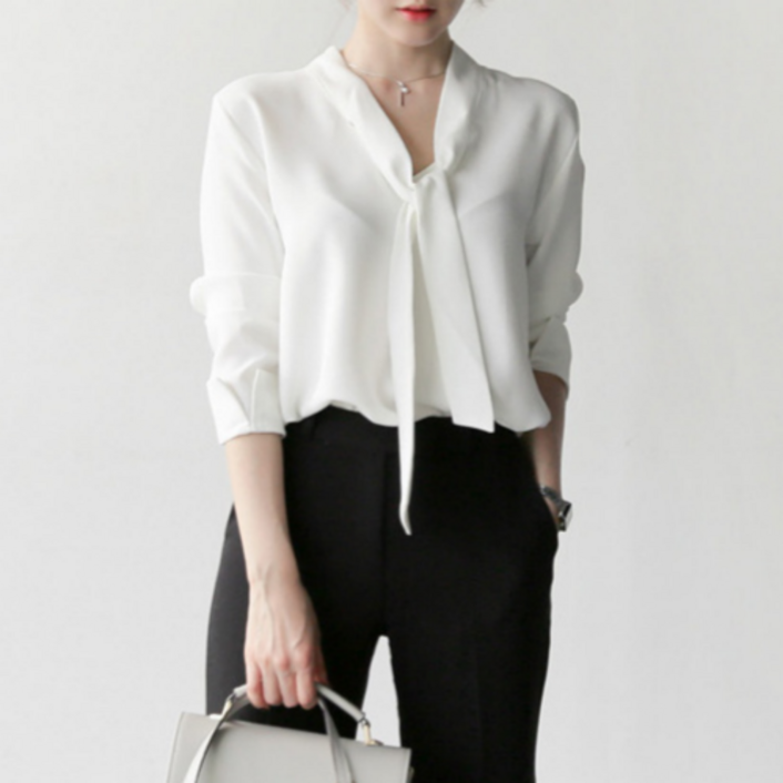 로엔드 여성 타이 블라우스 긴팔 셔츠