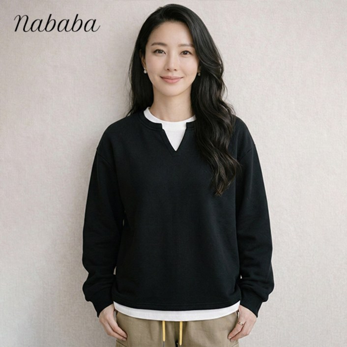 나바바 NT3255 여성 캐주얼 레이어드 배색 루즈핏 라운드넥 긴팔 맨투맨 티셔츠
