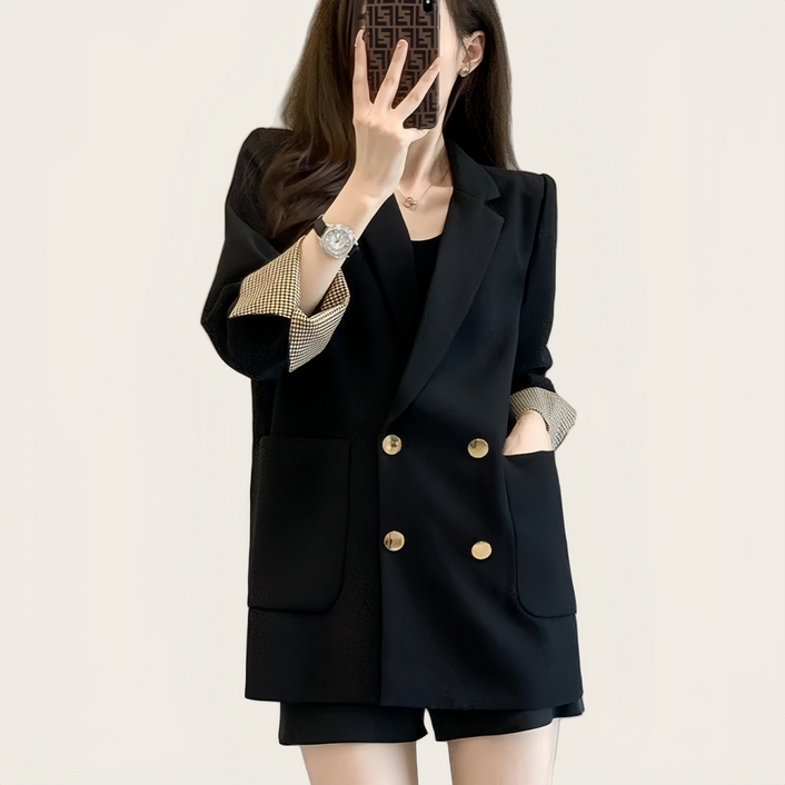 Makone 여성 춘추 소매체크 더블 자켓