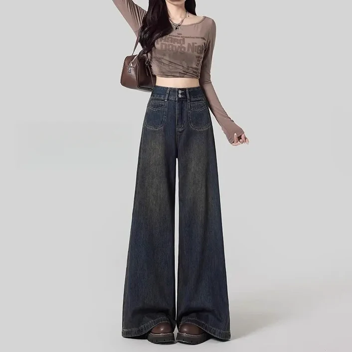 SAHINER 겨울 여성 기모 하이웨이스트 롱 와이드 데님 팬츠 ANZ73