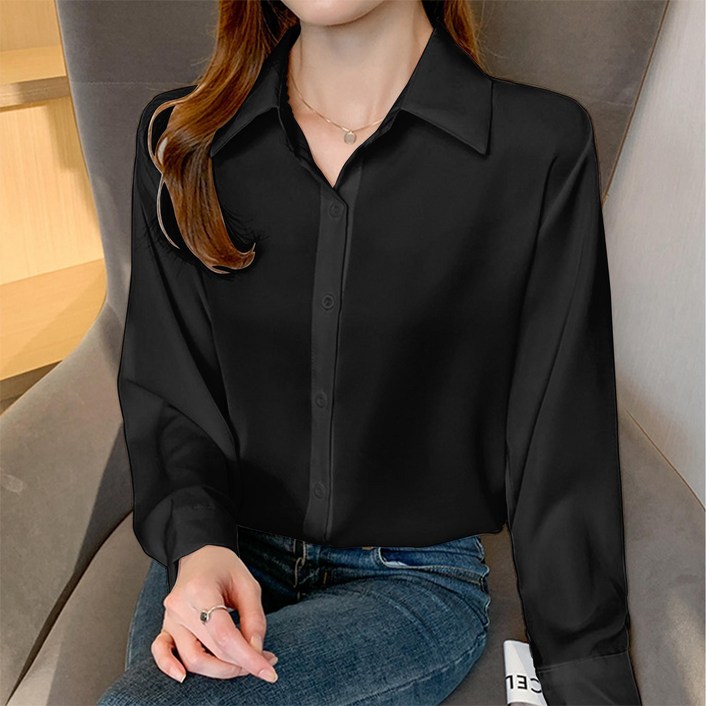 SPRING SEAON 여성 버튼 다운 셔츠 클래식 롱 슬리브 칼라 톱 직장 오피스 쉬폰 블라우스