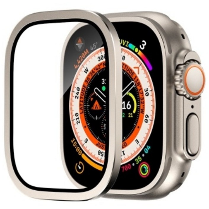 애플워치 울트라 호환 강화유리 보호 필름 일체형 메탈 베젤링 케이스, 티타늄