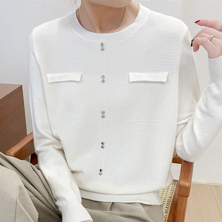 에이플심플 여성 모던 포켓 버튼 라운드넥 니트