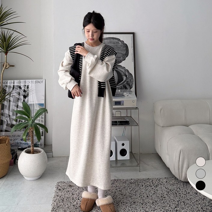 디테일웨어 여성 기모 롱원피스 무지 삼각 맨투맨 오버핏 편한원피스 젊줌마 임산부 원피스 임부복 꾸안꾸룩