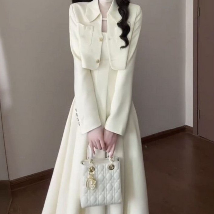 여성 소향풍 세트 캐주얼 봄 가을 긴팔 정장 자켓  끈나시 원피스 투피스 기질 소향풍 투피스 세트 WXY