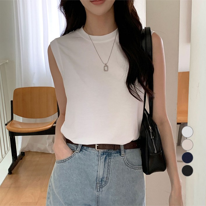 AFINAR 찰랑 레이온 민소매 라운드넥 티셔츠