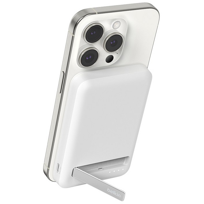 벨킨 BoostCharge 프로 Qi2 15W 마그네틱 무선 충전 스탠드 보조배터리 5000mAh, 화이트, BPD006btWH