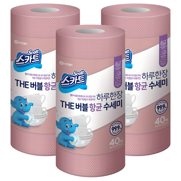 스카트 하루한장 THE 버블 항균 수세미, 로즈핑크, 40개입, 3개