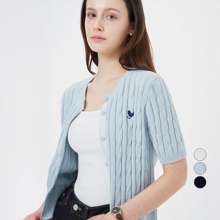 ELLE PARIS 여성용 시그니처 로고 자수 반팔 코튼 니트 가디건