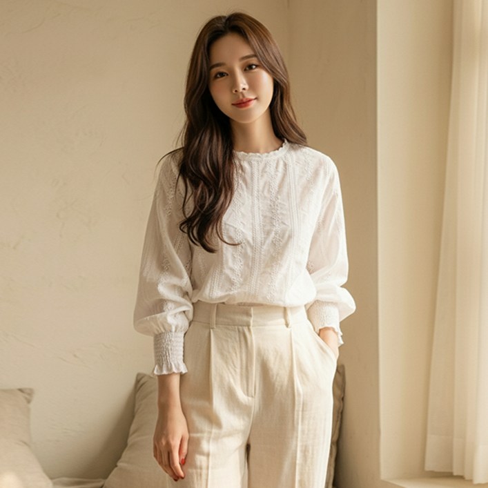 유니제이 르체 퍼프 레이스 블라우스