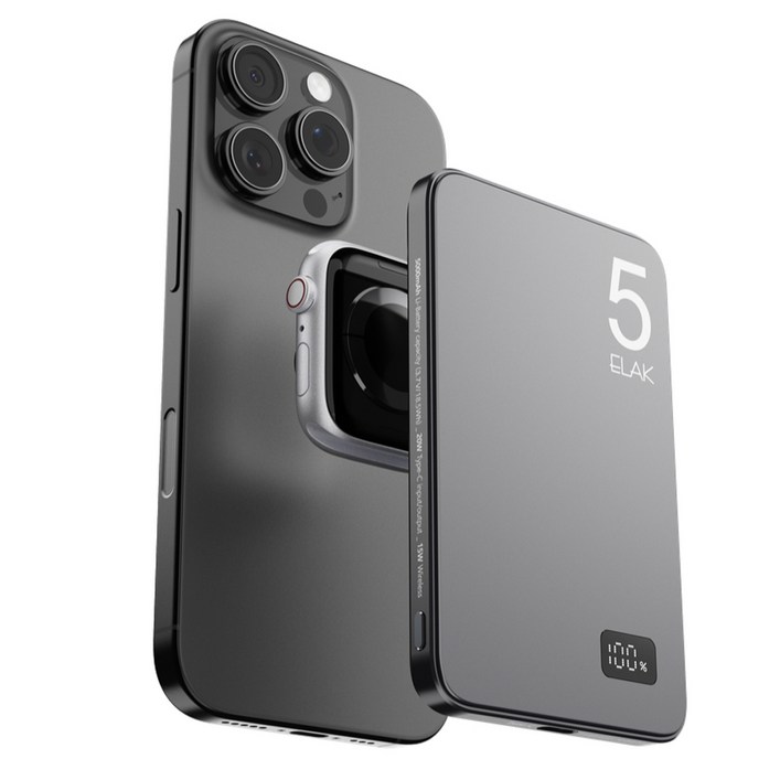 엘락 3 in 1 에어팟 애플워치 충전 초슬림 초경량 무선 맥세이프 고속 충전 보조배터리 5000mAh, DS21, 티타늄 블랙